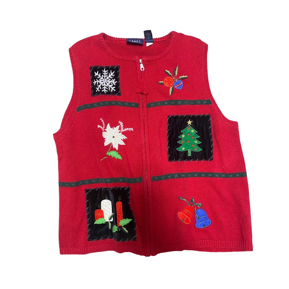 Crazy Horse Liz Claiborne Red Christmas Sweater Vest Zip Front Tassel XL